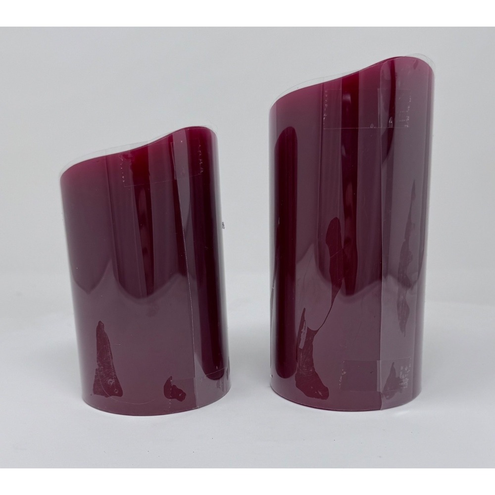 Set of 2 Flameless Flicker LED Pillar Wax Candles with Remote 5" 6" Burgundy Red - Picture 4 of 16